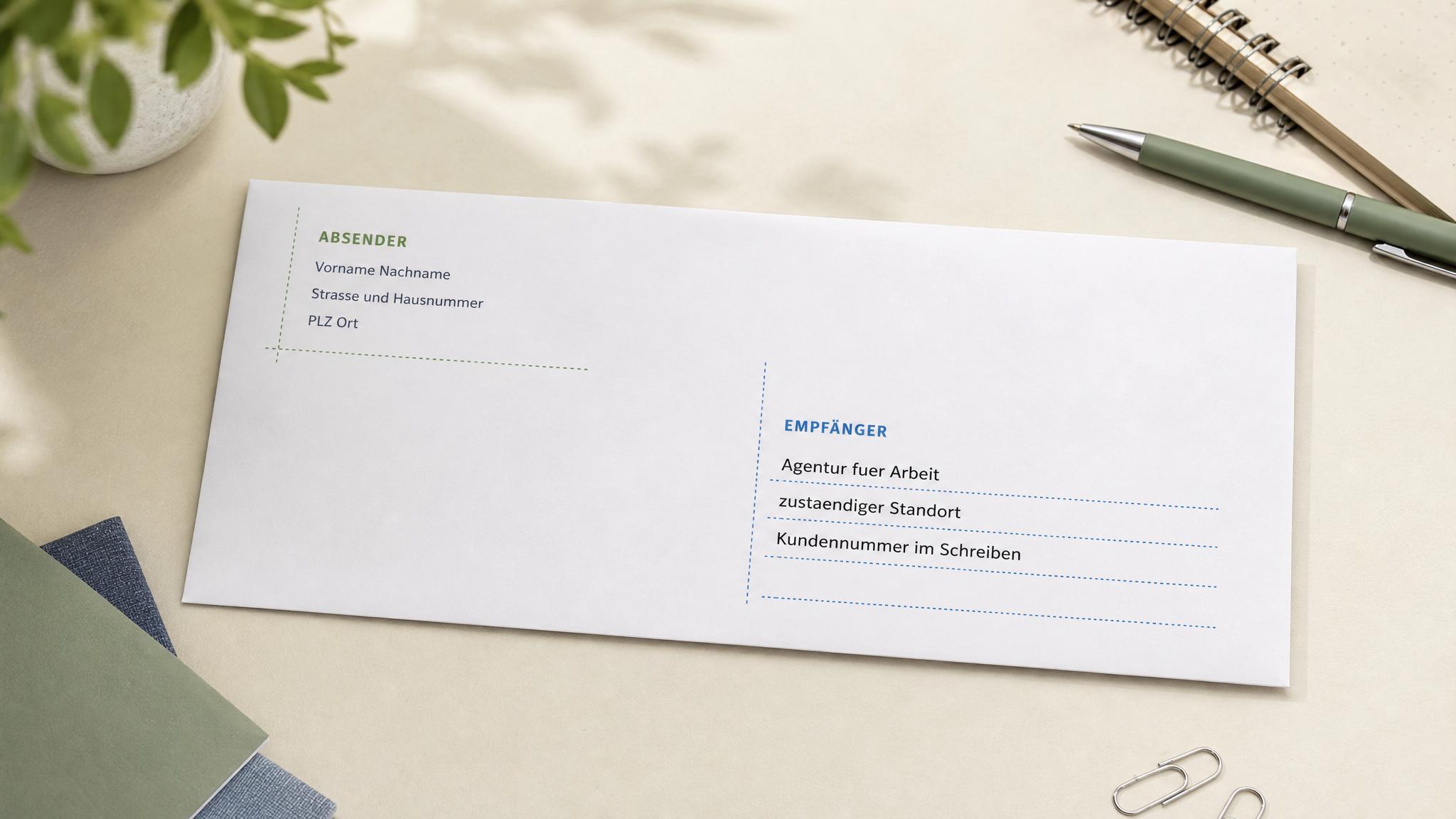 Brief an die Agentur für Arbeit richtig beschriften mit Absender und Empfängerblock