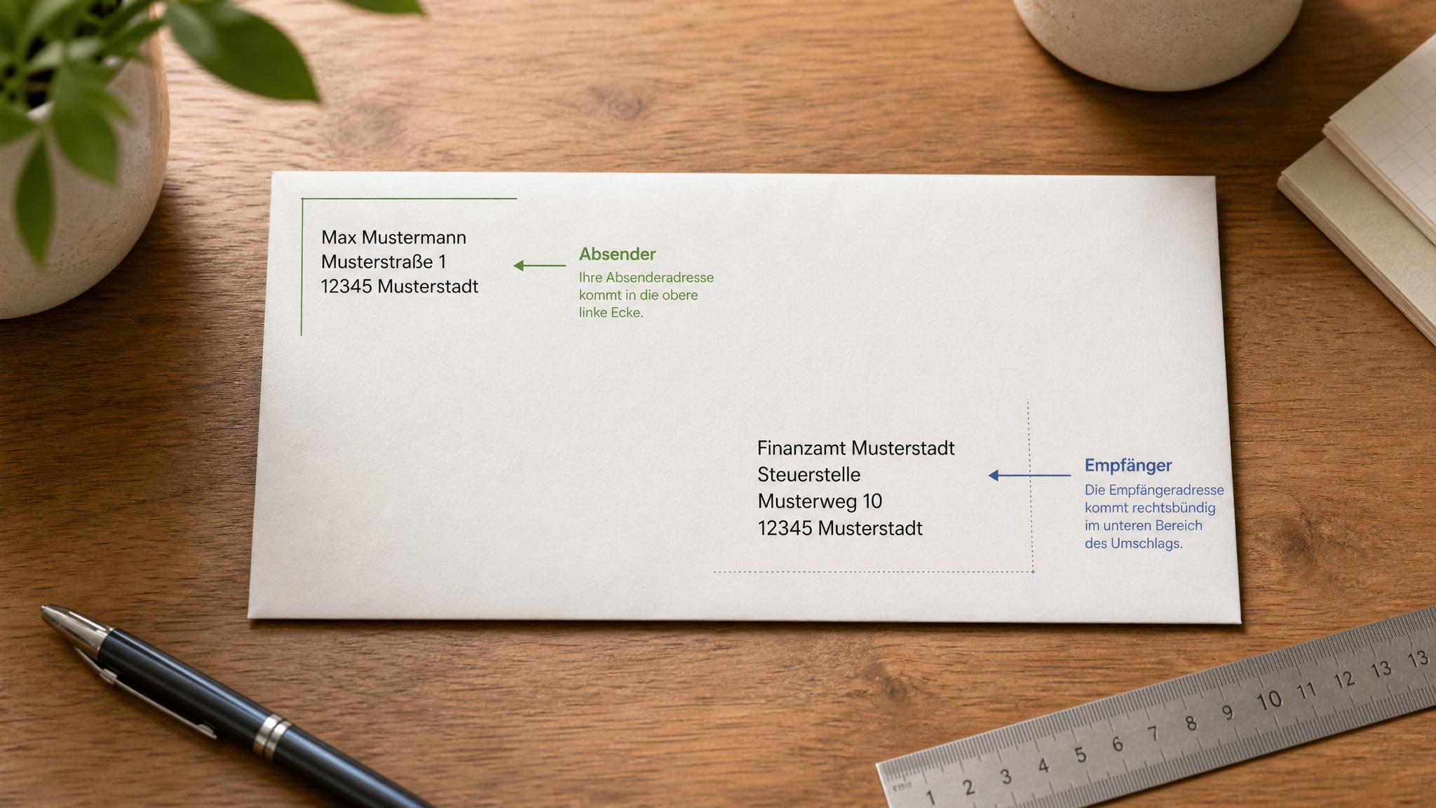 Briefumschlag an das Finanzamt richtig beschriften mit Absender und Empfängeradresse