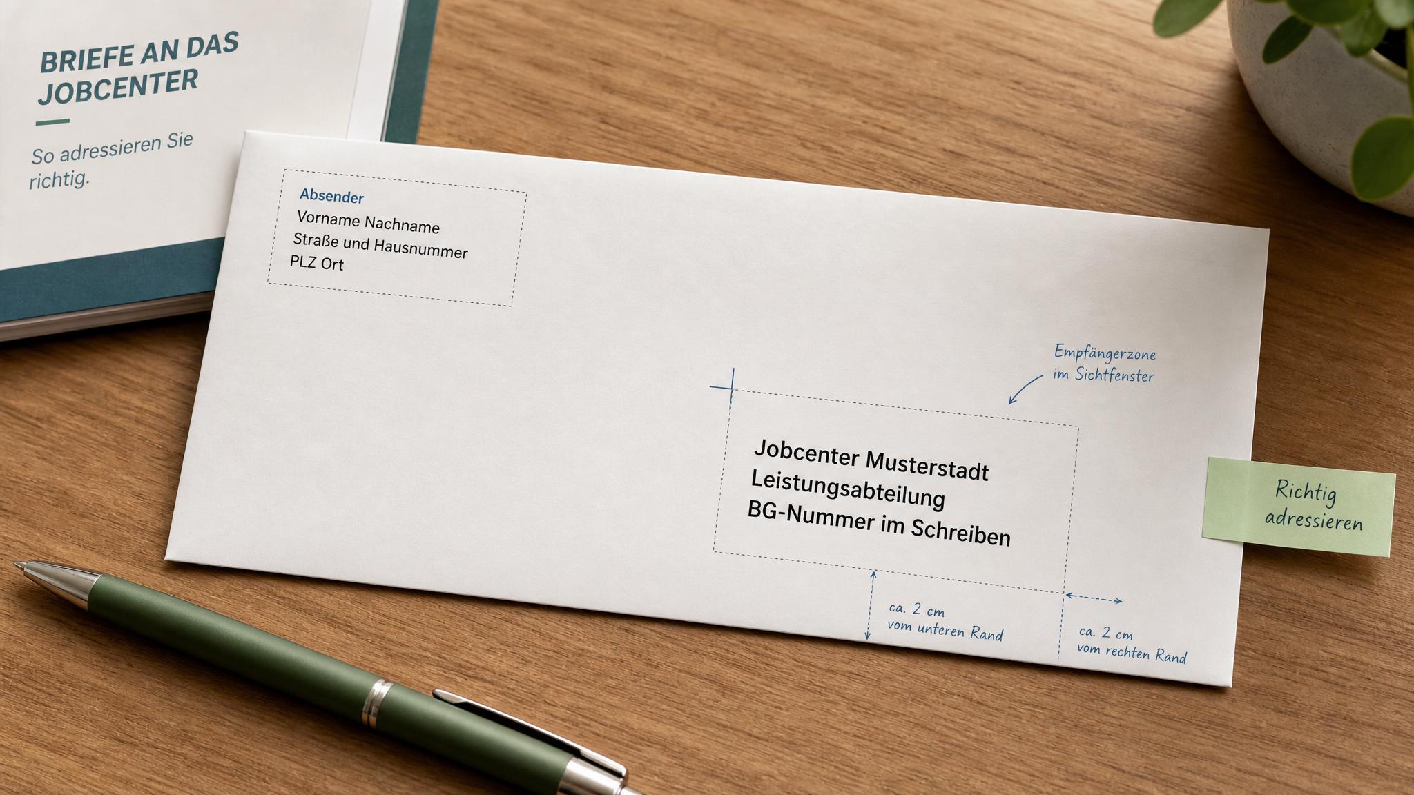 Briefumschlag an das Jobcenter richtig beschriften mit Absender und Empfängerblock