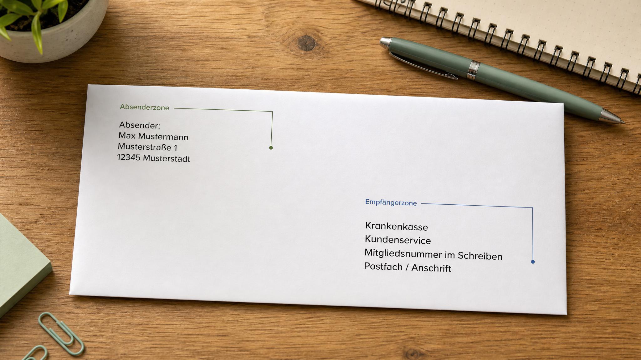 Brief an die Krankenkasse richtig beschriften mit Absender und Empfängerblock