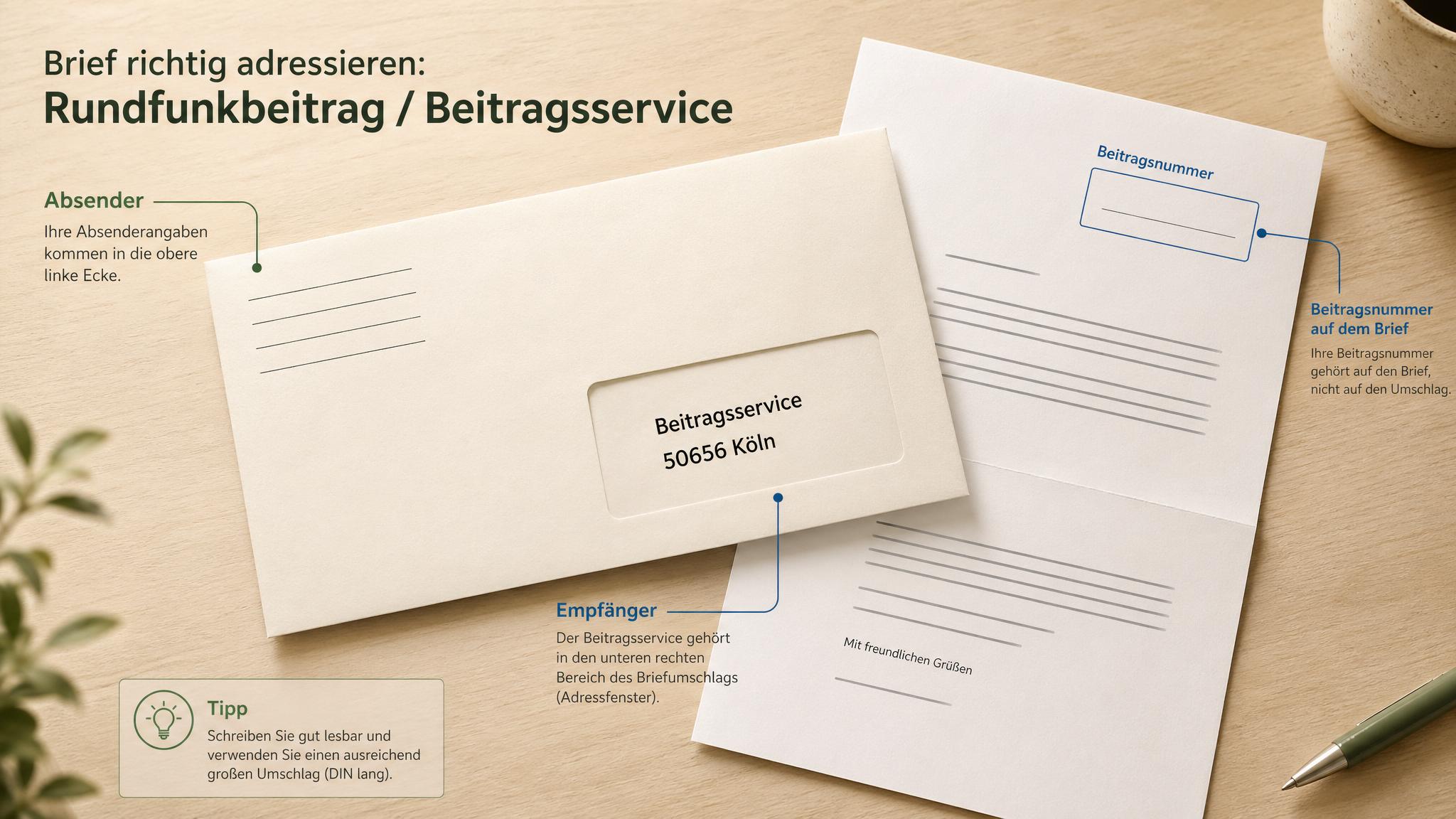 Fensterbrief an den Rundfunkbeitrag richtig falten und Adressfeld sichtbar platzieren