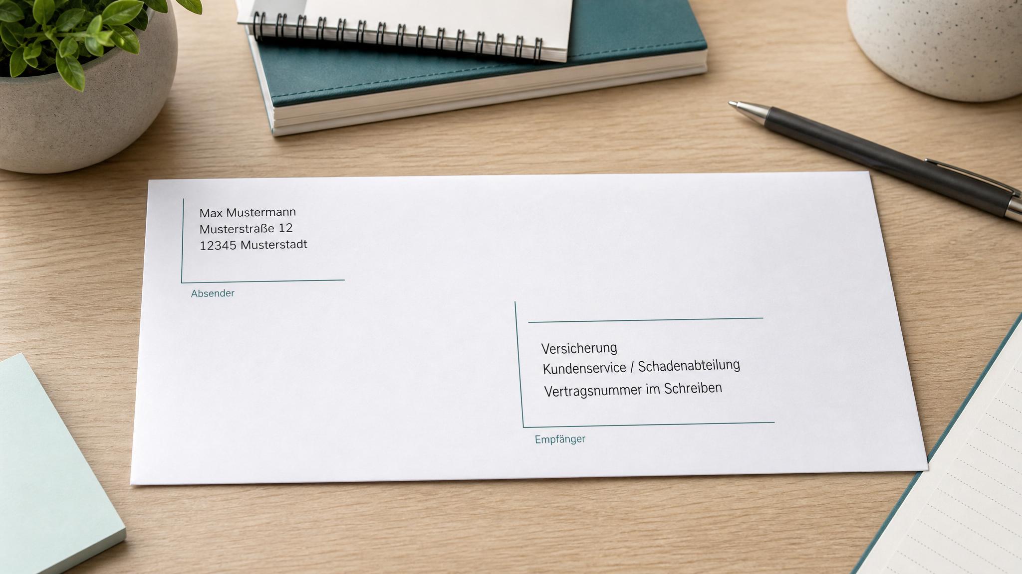Brief an die Versicherung richtig beschriften mit Empfängerblock und Absender
